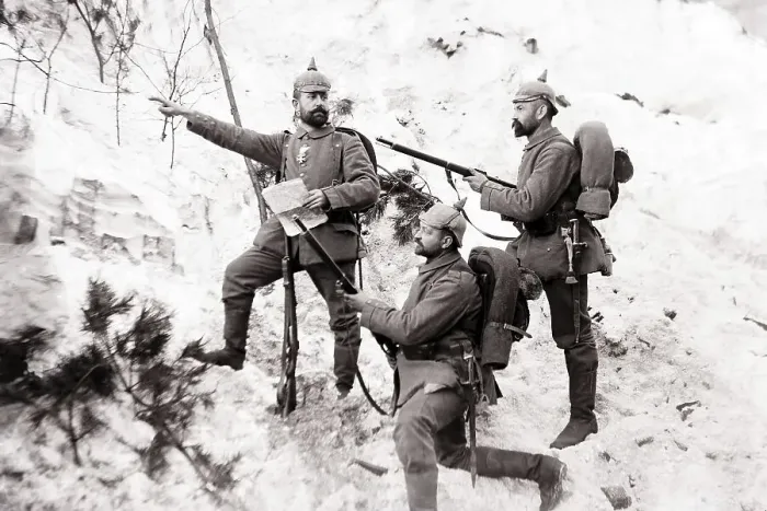 Framed Print : Four soldiers on terrain, reconnaissance. Vanguard