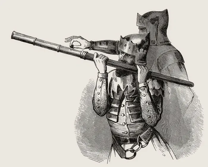Framed Print : Two soldiers using a hand cannon