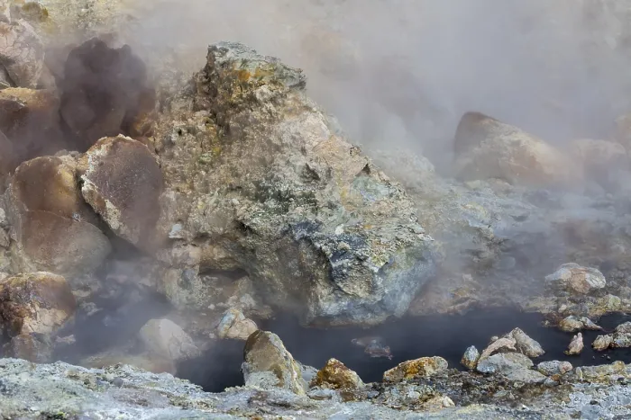 Framed Print : Solfatara field with hot pools and boiling mud at Seltun