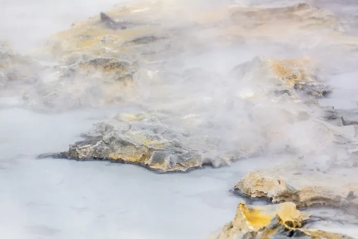 Framed Print : Solfatara field with hot pools and boiling mud at Seltun