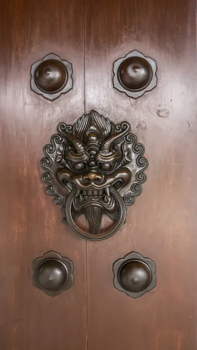 Framed Print : Solid wooden door with dragon head knocker Framed Print : Solid wooden door with dragon head knocker