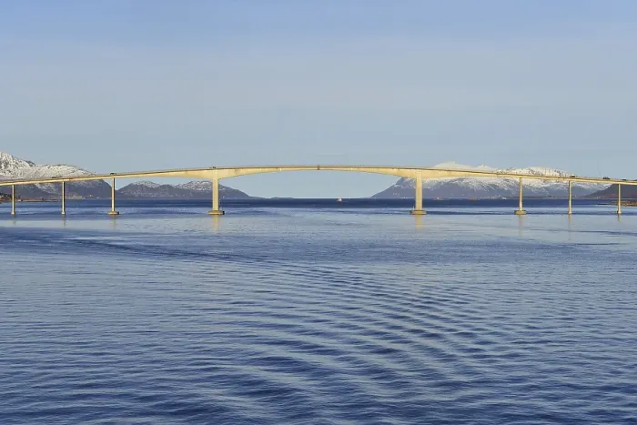 Framed Print : Sortland Bridge over wavy blue waters of Sortlandssundet strait