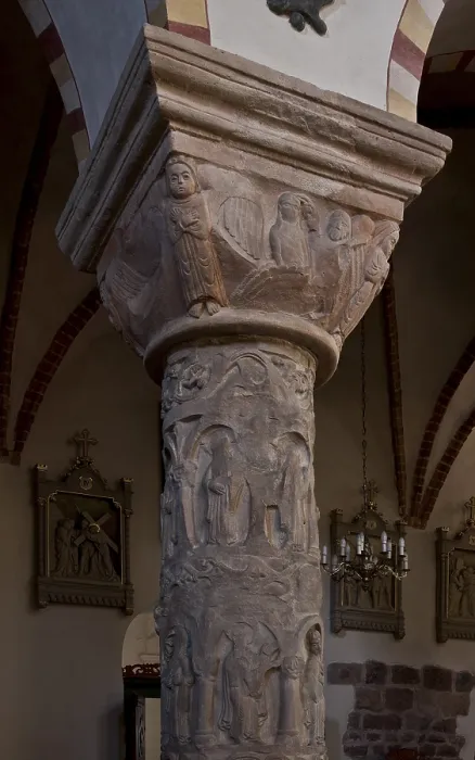 Framed Print : South-east Romanesque column in the nave with personifications of the virtues Framed Print : South-east Romanesque column in the nave with personifications of the virtues