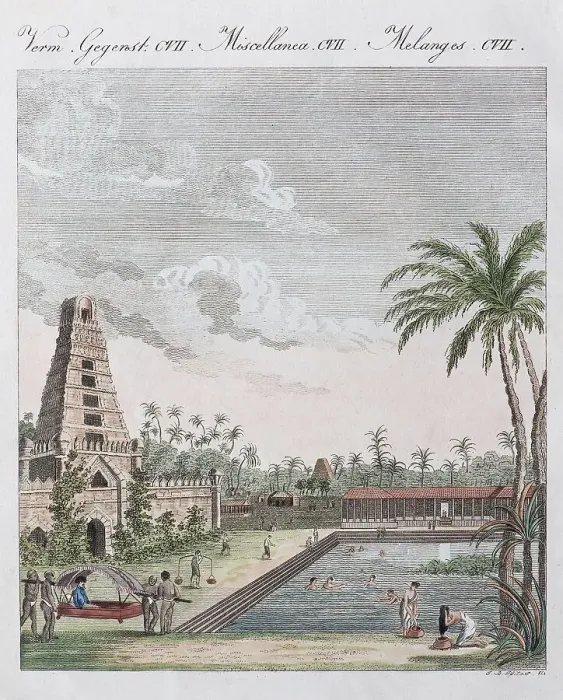 Framed Print : South Indian temple with temple pond and bathing Hindus