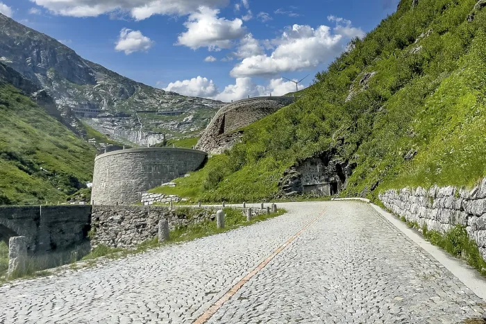 Framed Print : Part of southern ascent of south ramp of historic Gotthard pass road Tremola with cobblestones