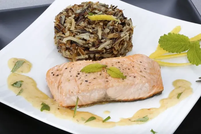 Framed Print : Southern German cuisine, fillet of Dreisam salmon with wild rice and lemon sauce Framed Print : Southern German cuisine, fillet of Dreisam salmon with wild rice and lemon sauce