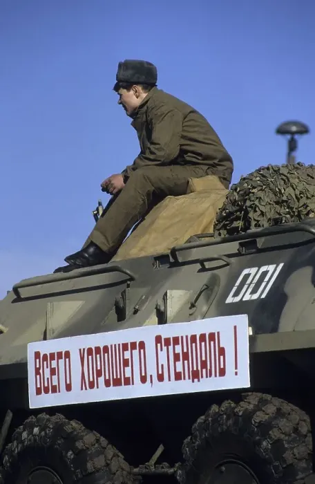 Framed Print : Soviet soldier on tank and a banner reading All the best