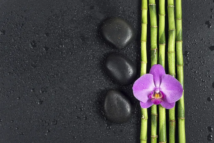 Framed Print : Spa concept with black basalt massage stones