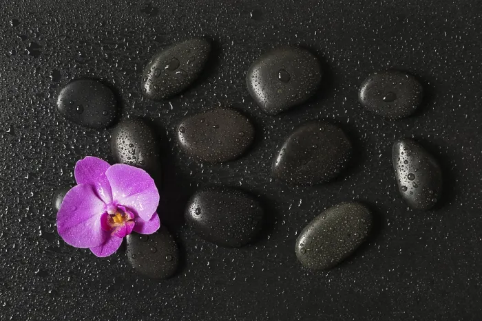 Framed Print : Spa concept with black basalt massage stones arranged on a black background Framed Print : Spa concept with black basalt massage stones arranged on a black background
