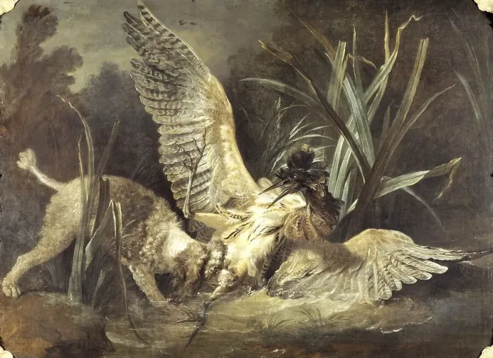 Framed Print : Spaniel Grabs a Bittern, Painting by Jean-Baptiste Oudry