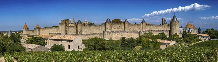 Framed Print : Spectacular Ancient Fortress Of Medieval City Carcassonne And Vineyards In Occitania Framed Print : Spectacular Ancient Fortress Of Medieval City Carcassonne And Vineyards In Occitania