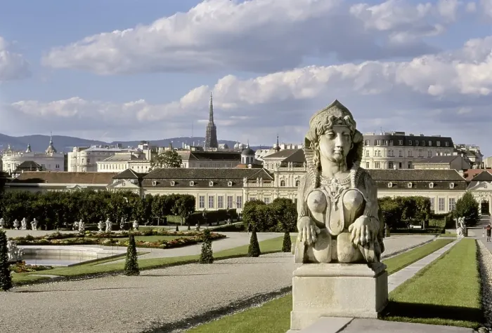 Framed Print : Sphinx in Belvedere garden with view to the castle Framed Print : Sphinx in Belvedere garden with view to the castle
