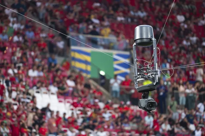 Framed Print : Spidercam hangs on the rops at the stadium