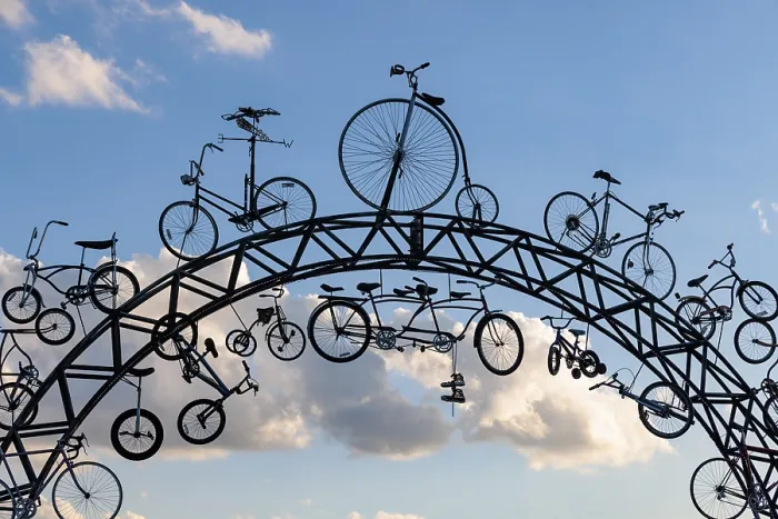 Framed Print : Spokes sculpture made from recycled bicycles in the historic district of downtown Cookeville Framed Print : Spokes sculpture made from recycled bicycles in the historic district of downtown Cookeville