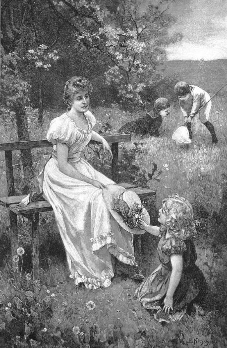 Framed Print : In spring, girl has picked a small bouquet of field flowers for her mother