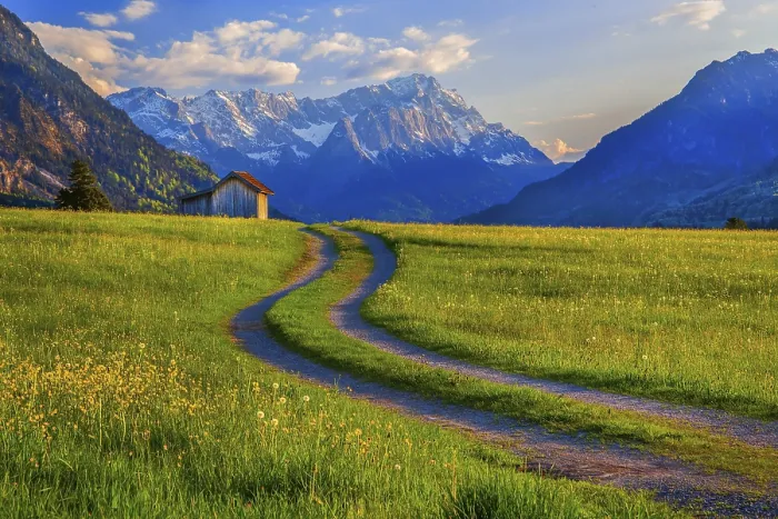 Framed Print : Spring meadow with the Zugspitzgruppe 2962m in the evening sun Framed Print : Spring meadow with the Zugspitzgruppe 2962m in the evening sun