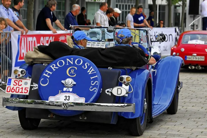 Framed Print : SS1, rear view of a classic Chronoswiss blue car during a rally