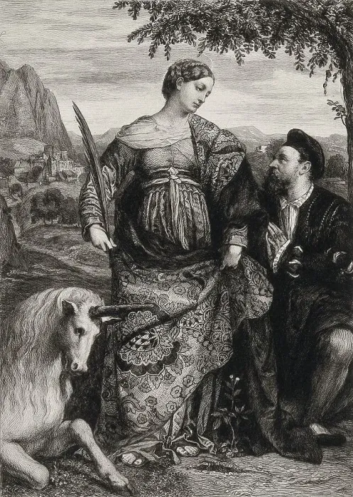Framed Print : St Justina with a unicorn and a man praying to her