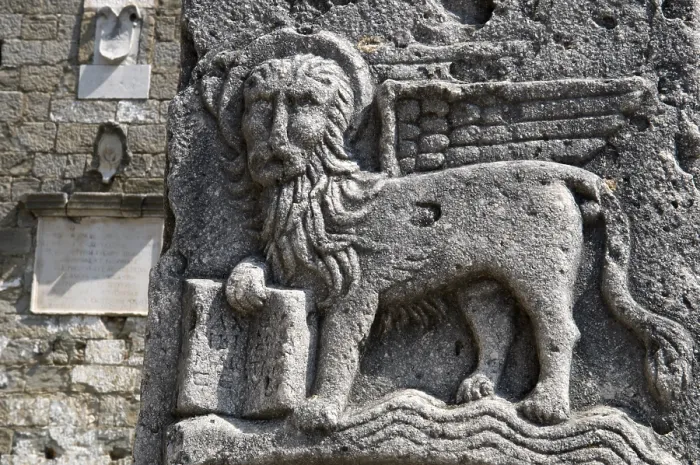 Framed Print : St. Mark's lion, relief, mountain village Buje