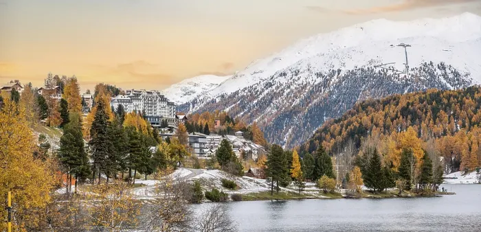 Framed Print : St. Moritz and lake in autumn, surrounded by snowcapped mountains Framed Print : St. Moritz and lake in autumn, surrounded by snowcapped mountains