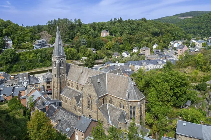 Framed Print : St. Nicholas Church seen from the castle ruins in the city La Roche-en-Ardenne in summer Framed Print : St. Nicholas Church seen from the castle ruins in the city La Roche-en-Ardenne in summer
