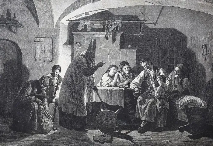 Framed Print : St. Nicholas visits the family and asks the child if he is well and he can give him nuts Framed Print : St. Nicholas visits the family and asks the child if he is well and he can give him nuts