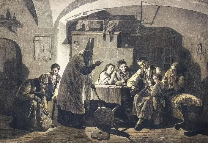 Framed Print : St. Nicholas visits the family and asks the child if he is well and he can give him nuts