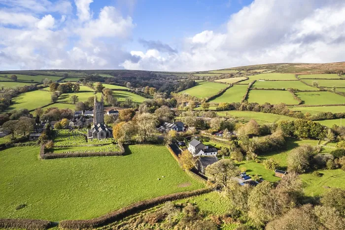 Framed Print : St Pancras Church in Widecombe in the Moor from a drone