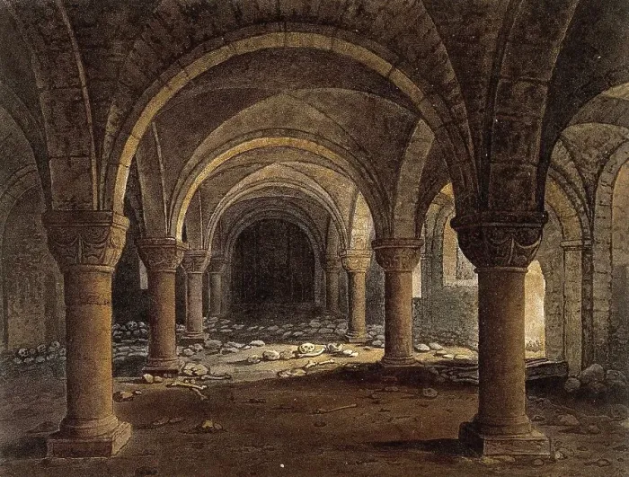 Framed Print : St. Peter-in-the-East, Oxford, Crypt with Bones and Skulls