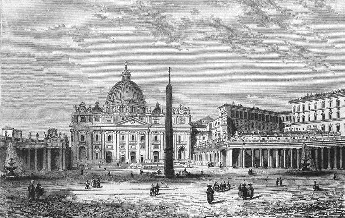 Framed Print : St Peter's Square with St Peter's Basilica in Vatican City within Rome, clergy, visitors, column with cross, water fountain, portico, geography, Vatican, Italy, historical illustration 1888, Europe