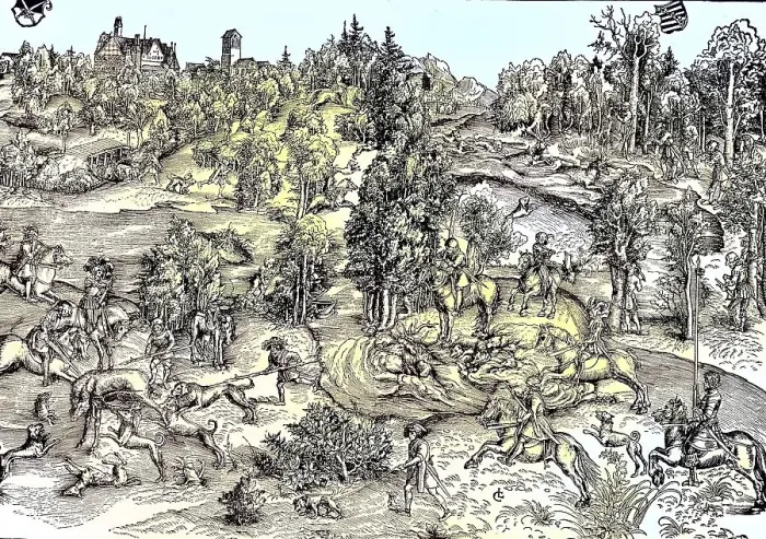 Framed Print : Stag Hunt in the Landscape, a woodcut by Lukas Cranach Framed Print : Stag Hunt in the Landscape, a woodcut by Lukas Cranach