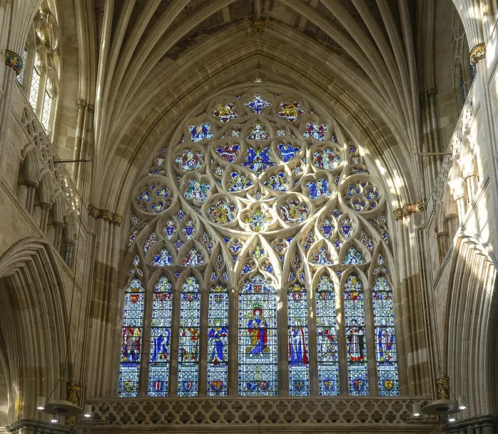 Framed Print : Stained glass of the west window inside Exeter cathedral church Framed Print : Stained glass of the west window inside Exeter cathedral church