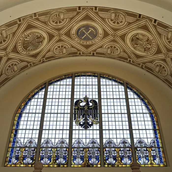 Framed Print : A stained glass window in the railway station with an imperial eagle is a reminder of the imperial era of Wilhelm II