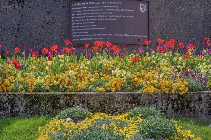 Framed Print : Staircase with spring flowers and information sign Framed Print : Staircase with spring flowers and information sign