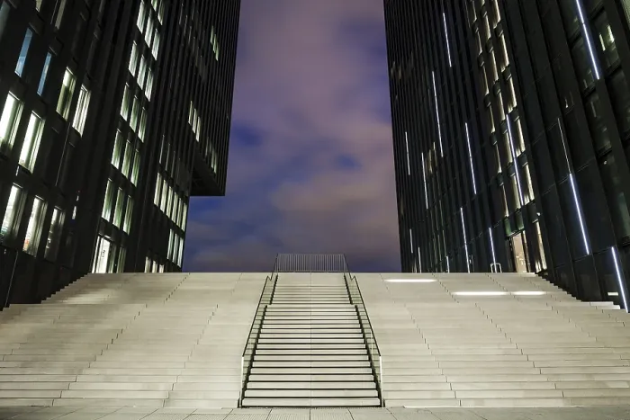 Framed Print : Stairs at the Hotel Hyatt Regency Dusseldorf at the tip of the harbour in the Media Harbour
