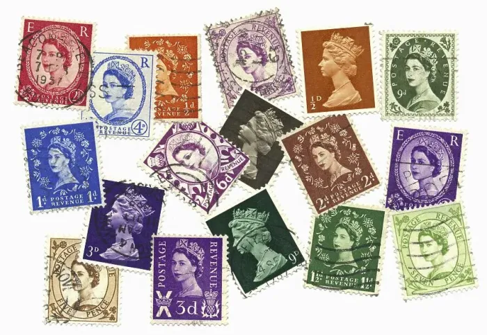 Framed Print : Stamped stamps from Great Britain with Queen Elizabeth II of England Framed Print : Stamped stamps from Great Britain with Queen Elizabeth II of England