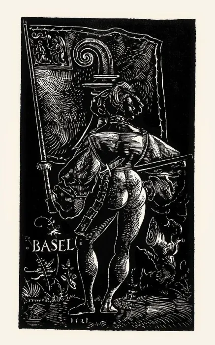 Framed Print : Standard bearer of Basel, white-line woodcut by Urs Graf Framed Print : Standard bearer of Basel, white-line woodcut by Urs Graf