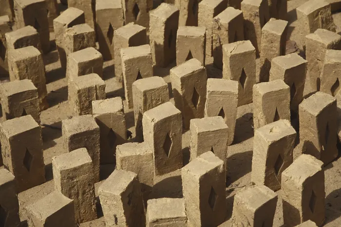 Framed Print : Standing bricks blocks kept for drying