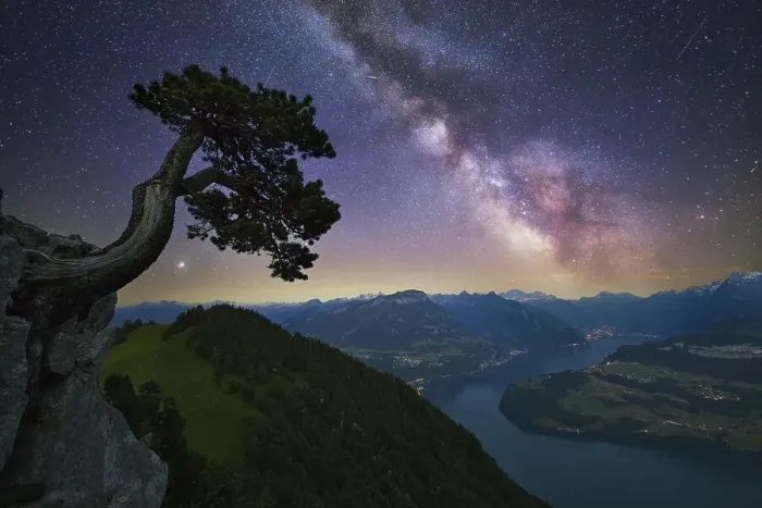 Framed Print : Starry sky with Milky Way over Lake Uri and Central Swiss Pre-Alps