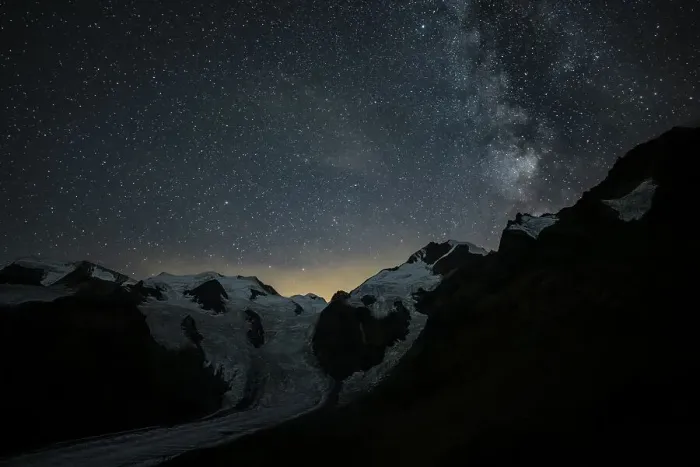 Framed Print : Starry sky with Milky Way over Morteratsch Glacier in Bernina Group