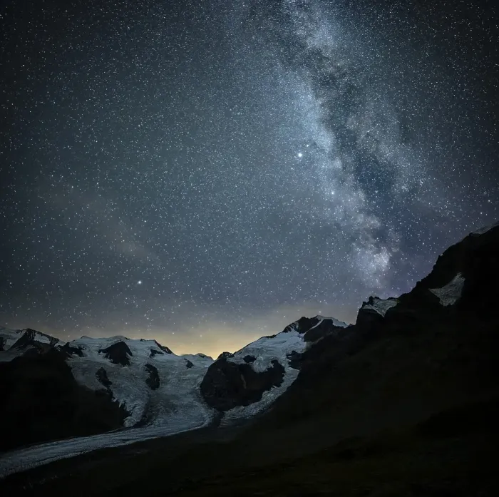 Framed Print : Starry sky with Milky Way over Morteratsch Glacier in Bernina Group