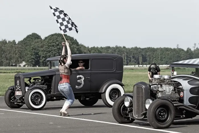 Framed Print : Starter girl starting a hot rod race Framed Print : Starter girl starting a hot rod race