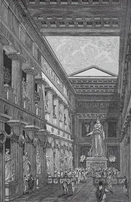 Framed Print : The statue of Athena Parthenos of Pheidias in the Cella of the Parthenon