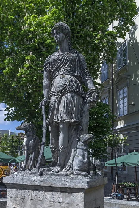 Framed Print : Statue of Diana with two dogs, Lviv, Ukraine Framed Print : Statue of Diana with two dogs, Lviv, Ukraine