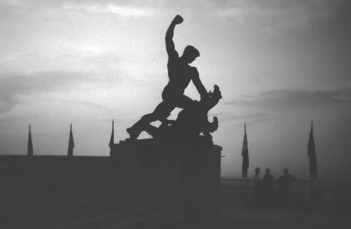 Framed Print : Statue with a man fighting against dragon Framed Print : Statue with a man fighting against dragon