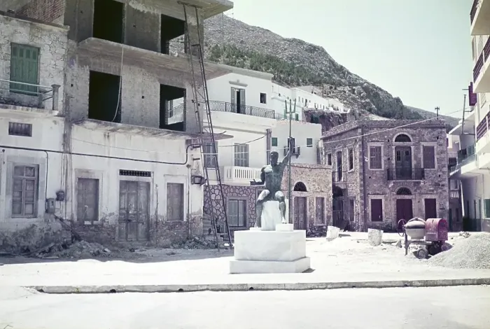 Framed Print : Statue of the mythological Neptune at the harbour, Pothia (Pothaia), Kalymnos, Dodecanese, South Aegean, Greece 1973