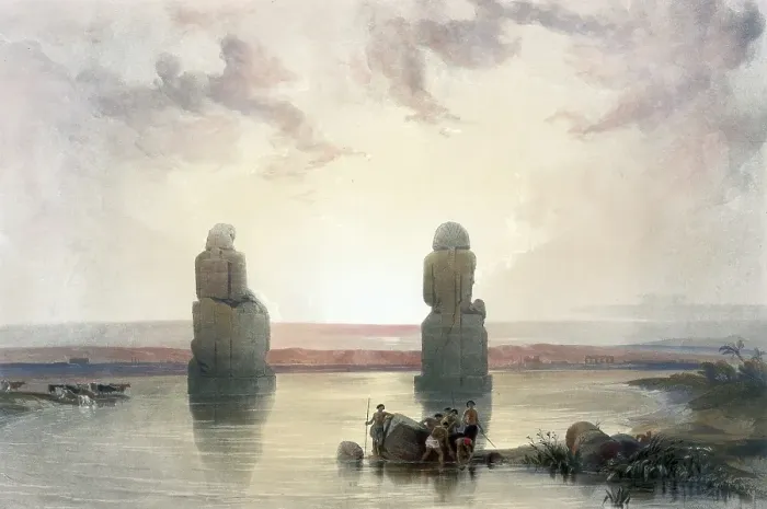 Framed Print : Statues of Memnon in Thebes, during a flood of the Nile, Egypt, around 1850, Historical, digitally restored reproduction from a 19th century original, exact date unknown, AI generated, Africa Framed Print : Statues of Memnon in Thebes, during a flood of the Nile, Egypt, around 1850, Historical, digitally restored reproduction from a 19th century original, exact date unknown, AI generated, Africa