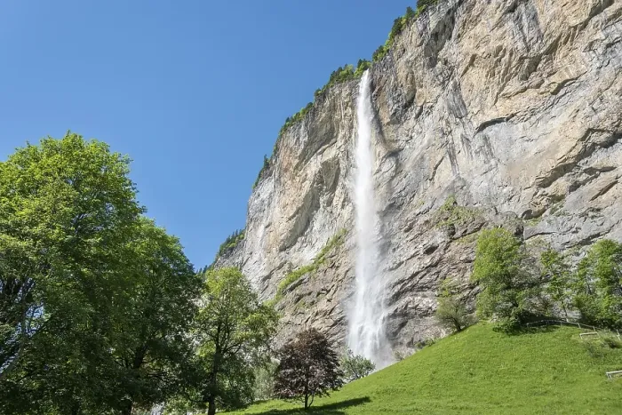 Framed Print : Staubbach Falls tumbling down from a high rock face