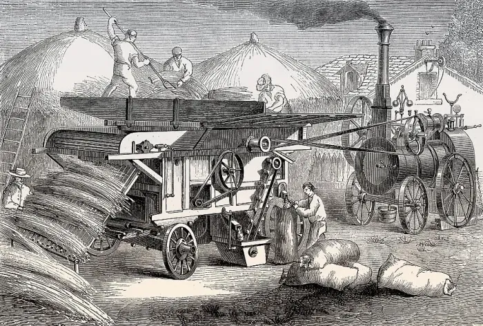 Framed Print : A steam-driven threshing machine, 19th century