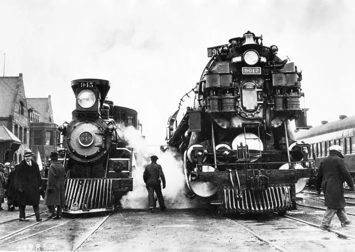 Framed Print : Two steam engines, historical photo, circa 1920 Framed Print : Two steam engines, historical photo, circa 1920